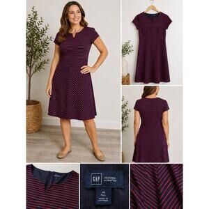 GAP Designed Crafted Dress Womens 14 Tall Navy Red Striped A Line Casual